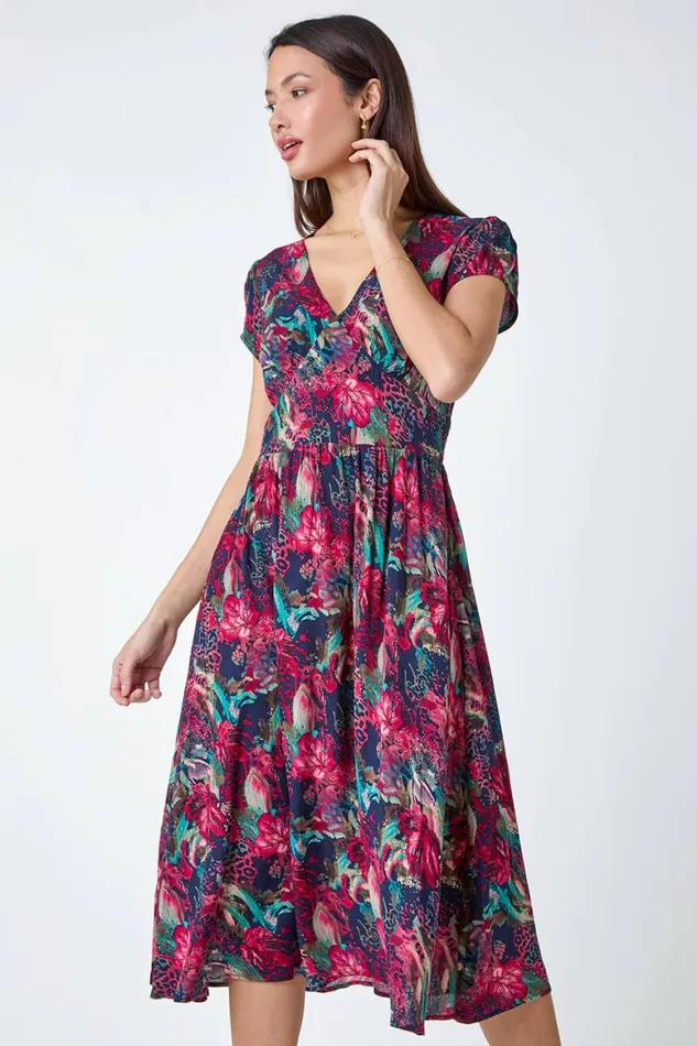 Women Wine Floral Print Shirred Midi Dress Roman Dresses