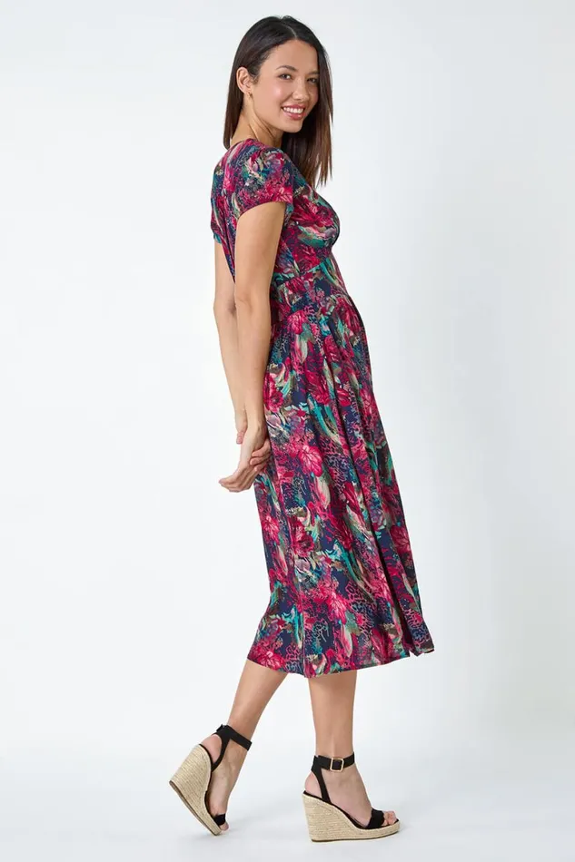 Women Wine Floral Print Shirred Midi Dress Roman Dresses