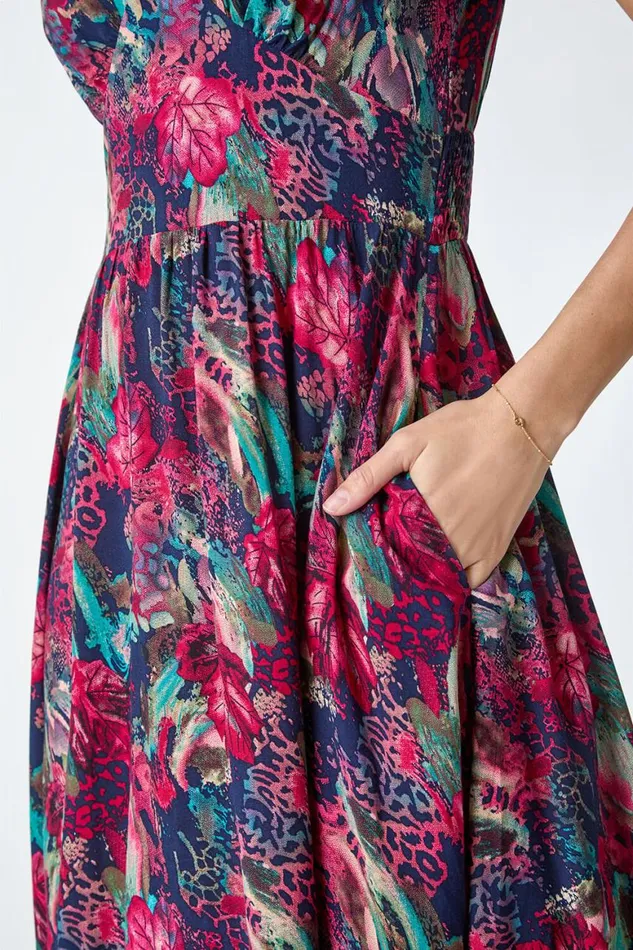 Women Wine Floral Print Shirred Midi Dress Roman Dresses
