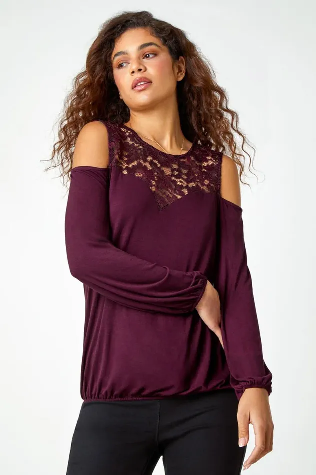 Women Wine Lace Detail Cold Shoulder Stretch Top Roman Tops