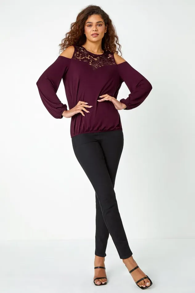 Women Wine Lace Detail Cold Shoulder Stretch Top Roman Tops