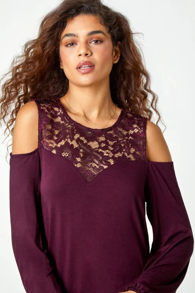 Women Wine Lace Detail Cold Shoulder Stretch Top Roman Tops