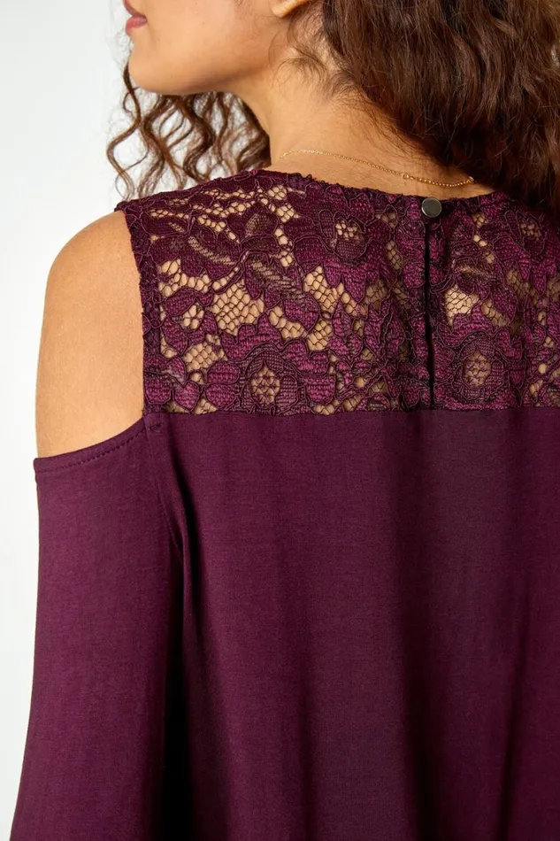 Women Wine Lace Detail Cold Shoulder Stretch Top Roman Tops