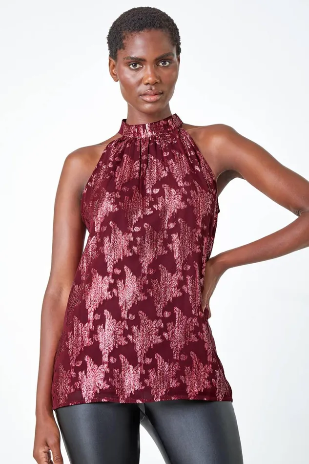 Women Wine Metallic Floral Print Halter Neck Top Roman Tops