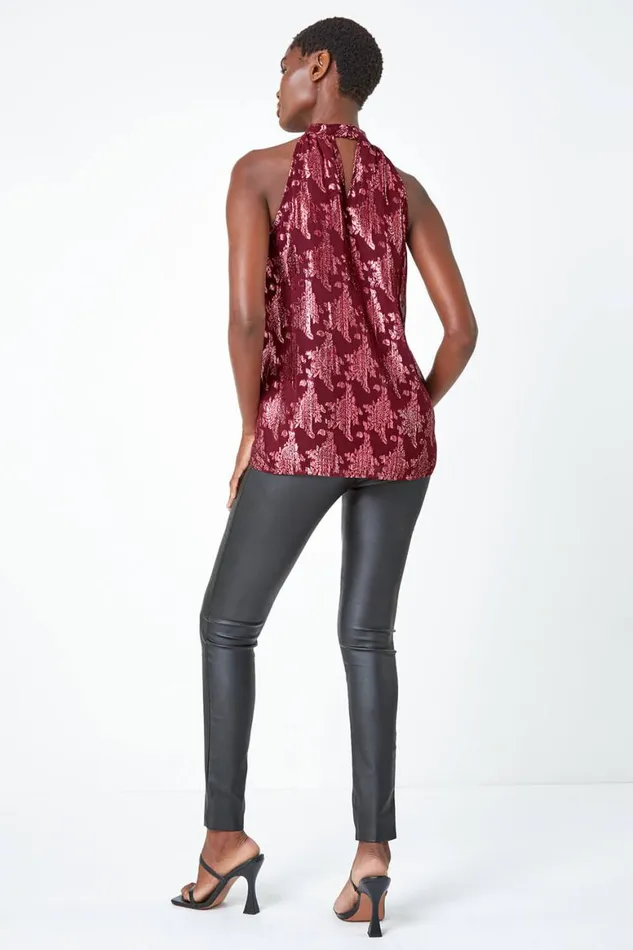 Women Wine Metallic Floral Print Halter Neck Top Roman Tops