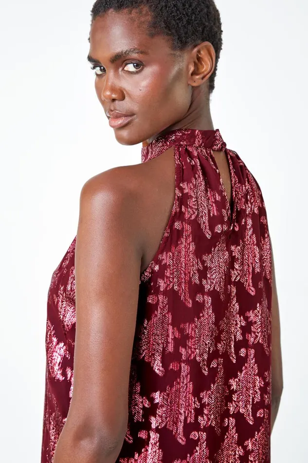 Women Wine Metallic Floral Print Halter Neck Top Roman Tops