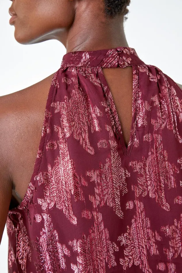Women Wine Metallic Floral Print Halter Neck Top Roman Tops