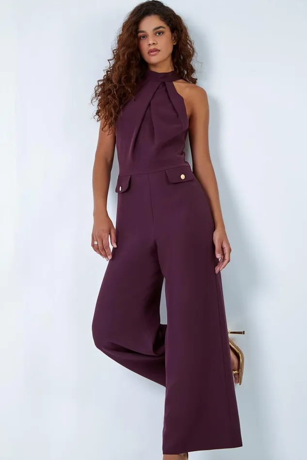 Women Wine Pleated Halter Neck Wide Leg Stretch Jumpsuit Roman Jumpsuits and Playsuits