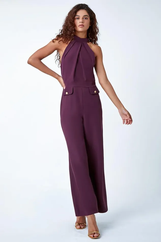 Women Wine Pleated Halter Neck Wide Leg Stretch Jumpsuit Roman Jumpsuits and Playsuits