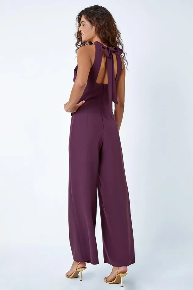 Women Wine Pleated Halter Neck Wide Leg Stretch Jumpsuit Roman Jumpsuits and Playsuits