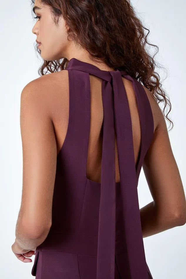 Women Wine Pleated Halter Neck Wide Leg Stretch Jumpsuit Roman Jumpsuits and Playsuits