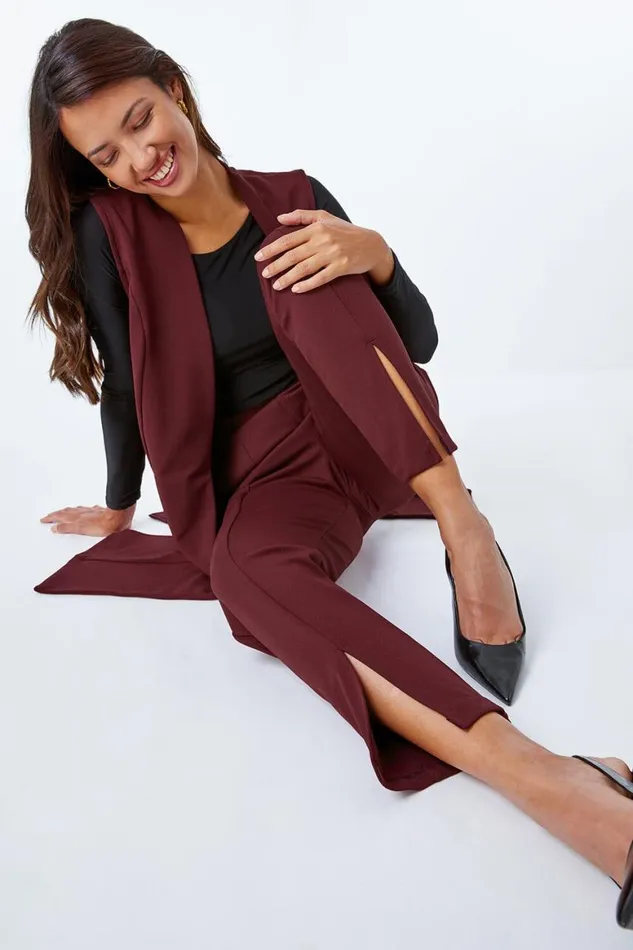 Women Wine Premium Stretch Split Hem Trouser Roman Occasionwear
