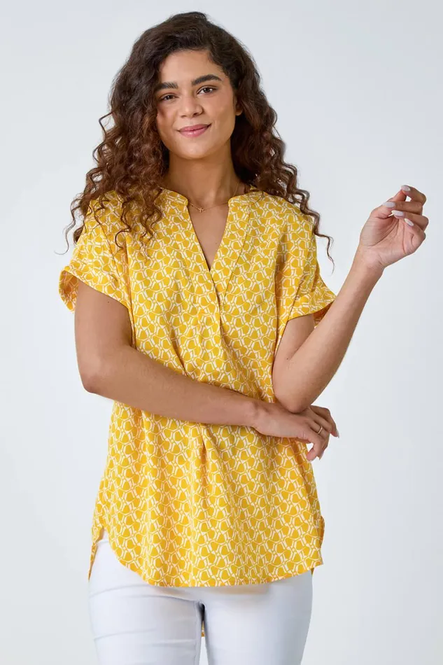 Women Yellow Abstract Print Woven Pleat Front VNeck Top Roman Tops