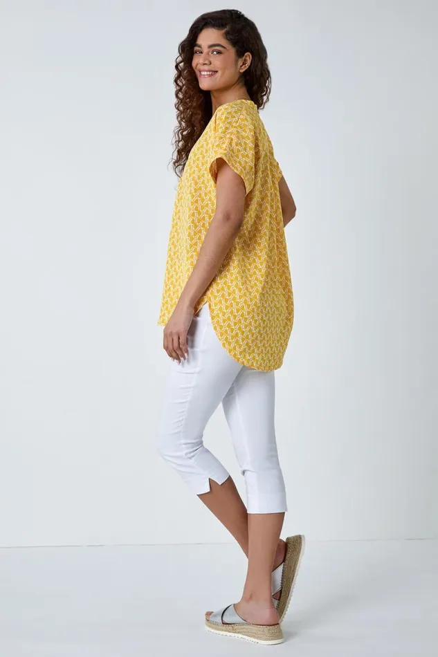 Women Yellow Abstract Print Woven Pleat Front VNeck Top Roman Tops