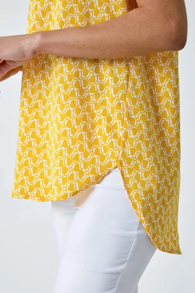 Women Yellow Abstract Print Woven Pleat Front VNeck Top Roman Tops