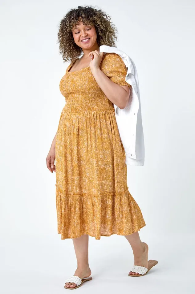Women Yellow Curve Printed Crinkle Shirred Midi Dress Roman Dresses