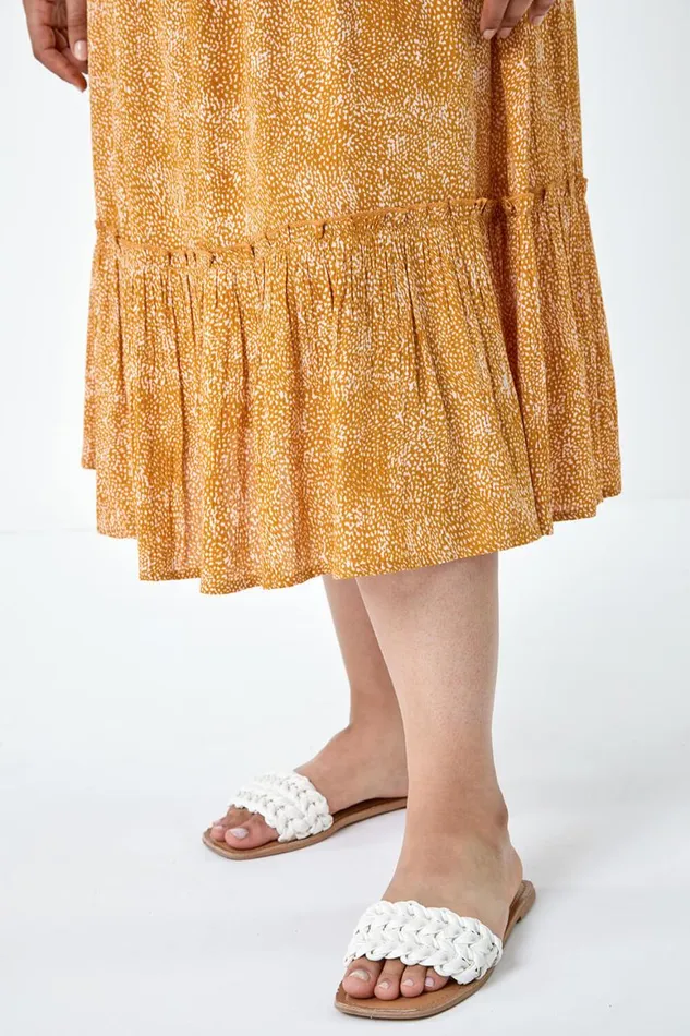 Women Yellow Curve Printed Crinkle Shirred Midi Dress Roman Dresses