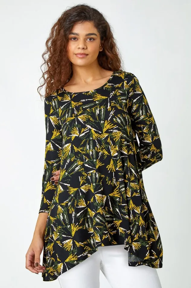 Women Yellow Fan Print Stretch Hanky Hem Top Roman Tops