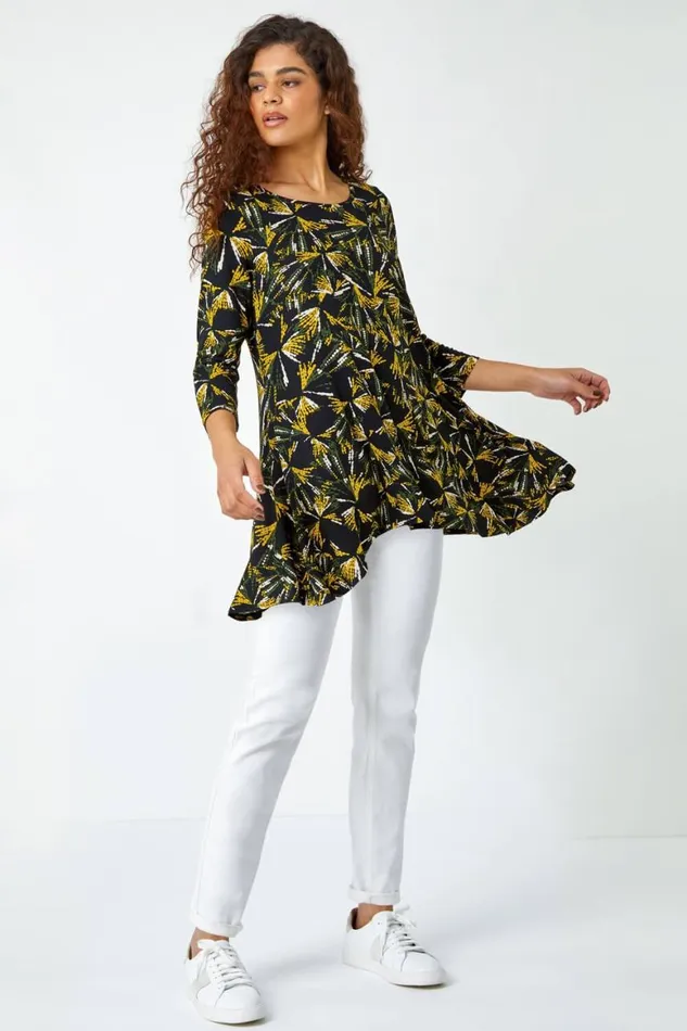 Women Yellow Fan Print Stretch Hanky Hem Top Roman Tops