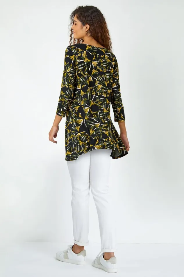 Women Yellow Fan Print Stretch Hanky Hem Top Roman Tops