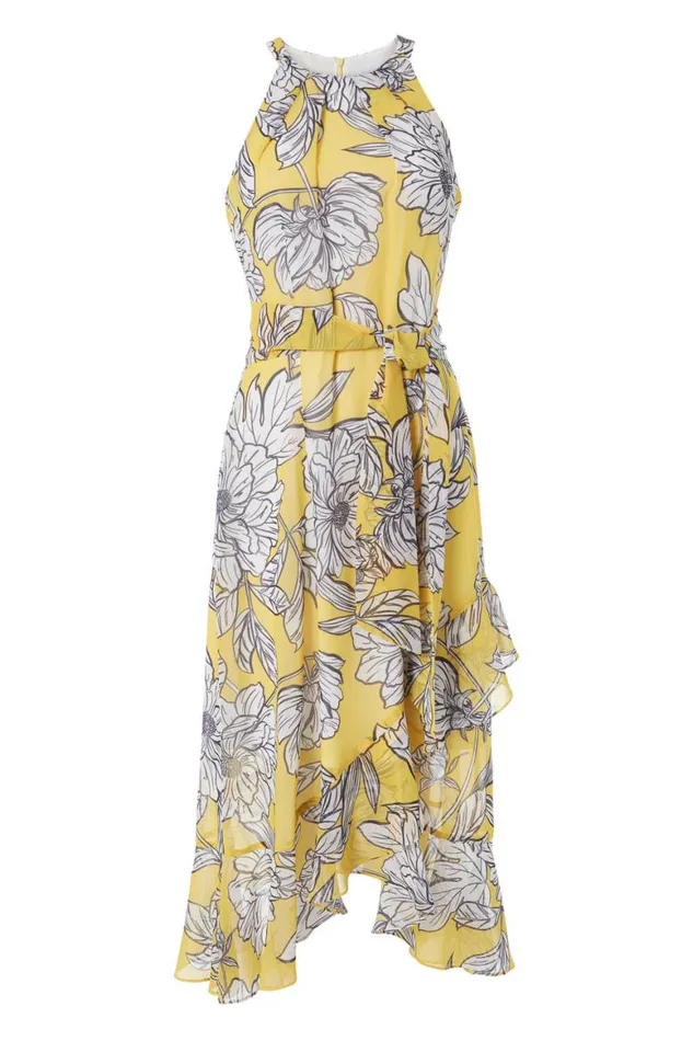 Women Yellow Floral Belted Asymmetric Chiffon Midi Dress Roman Dresses
