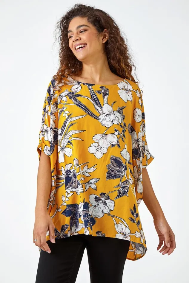 Women Yellow Floral Print Button Back Top Roman Tops