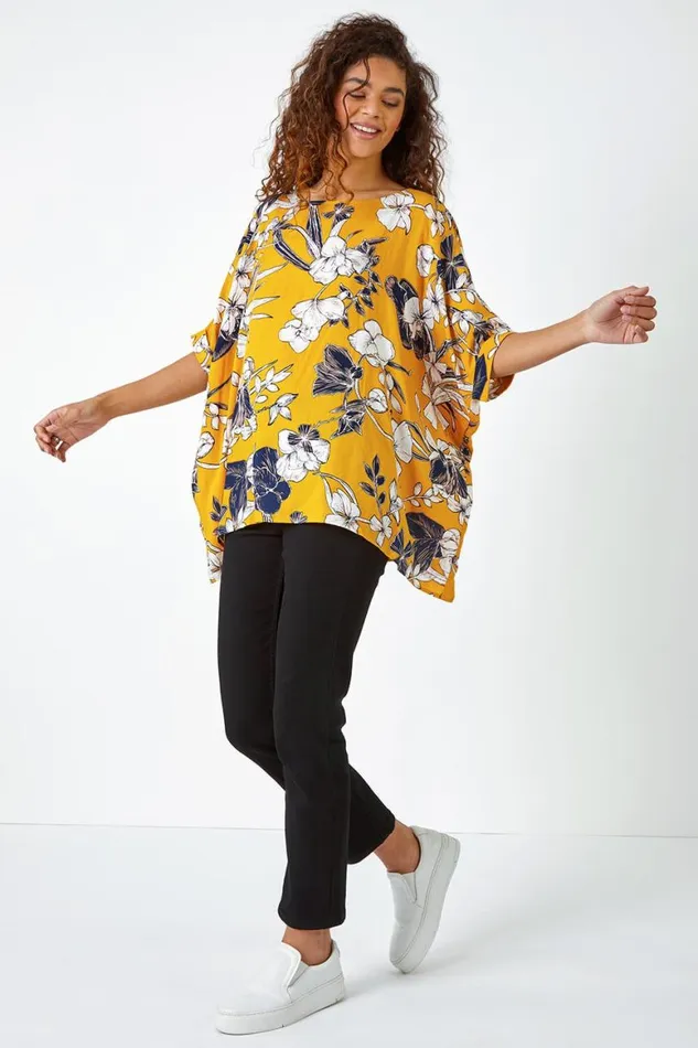 Women Yellow Floral Print Button Back Top Roman Tops