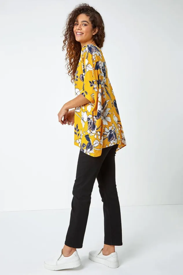 Women Yellow Floral Print Button Back Top Roman Tops