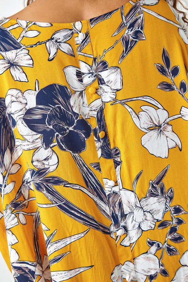 Women Yellow Floral Print Button Back Top Roman Tops