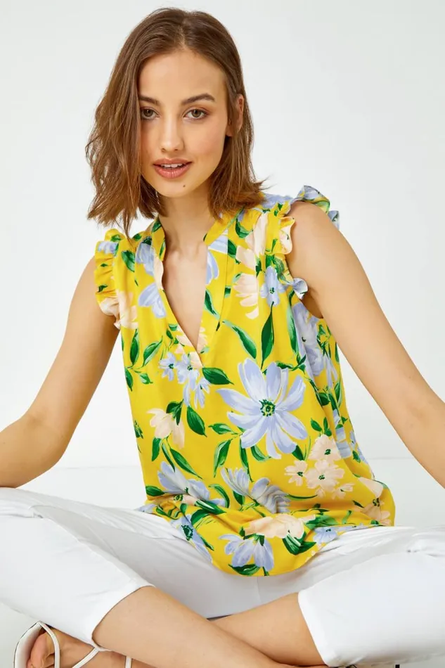Women Yellow Floral Print Sleeveless VNeck Ruffle Top Roman Tops