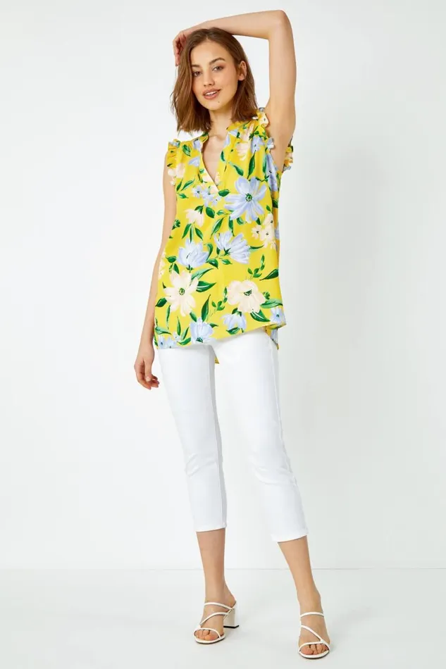 Women Yellow Floral Print Sleeveless VNeck Ruffle Top Roman Tops