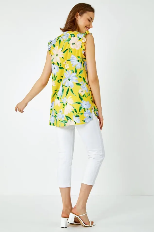 Women Yellow Floral Print Sleeveless VNeck Ruffle Top Roman Tops
