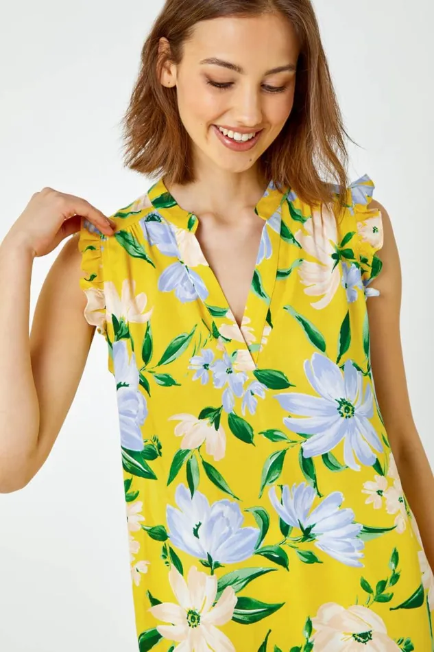 Women Yellow Floral Print Sleeveless VNeck Ruffle Top Roman Tops