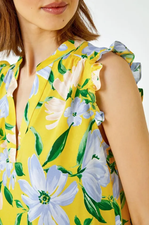 Women Yellow Floral Print Sleeveless VNeck Ruffle Top Roman Tops