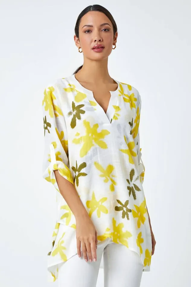 Women Yellow Floral Print Wrap Hem VNeck Tunic Top Roman Tops