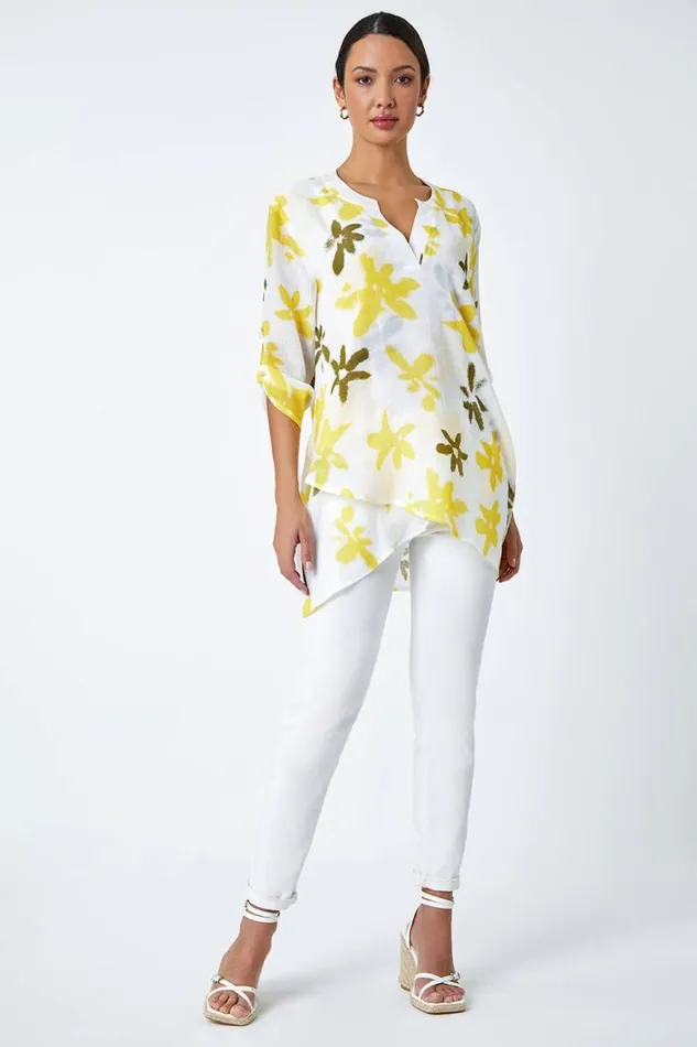 Women Yellow Floral Print Wrap Hem VNeck Tunic Top Roman Tops
