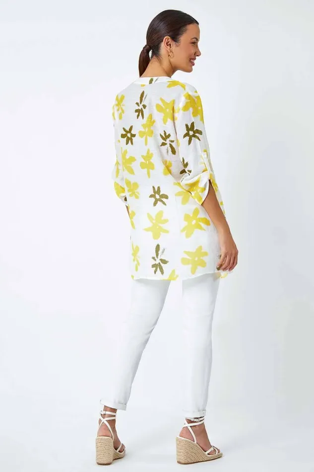Women Yellow Floral Print Wrap Hem VNeck Tunic Top Roman Tops