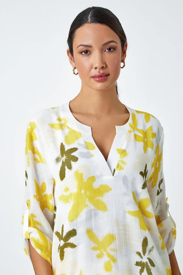 Women Yellow Floral Print Wrap Hem VNeck Tunic Top Roman Tops