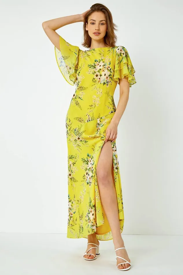 Women Yellow Floral Tiered Sleeve Chiffon Maxi Dress Roman Dresses