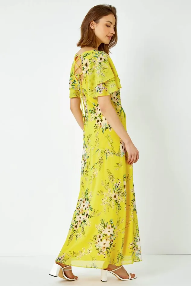 Women Yellow Floral Tiered Sleeve Chiffon Maxi Dress Roman Dresses