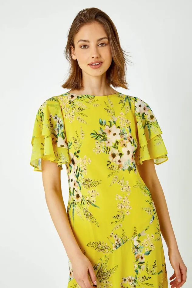 Women Yellow Floral Tiered Sleeve Chiffon Maxi Dress Roman Dresses