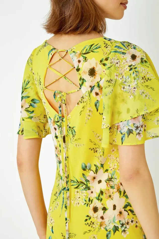 Women Yellow Floral Tiered Sleeve Chiffon Maxi Dress Roman Dresses