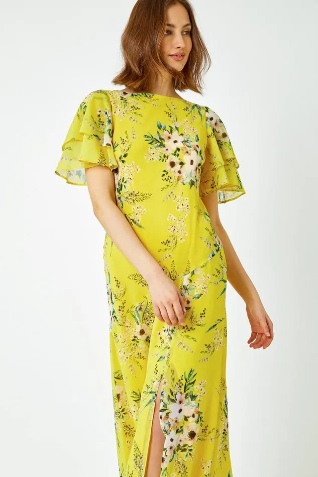 Women Yellow Floral Tiered Sleeve Chiffon Maxi Dress Roman Dresses