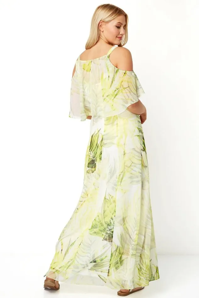 Women Yellow Leaf Print Cold Shoulder Chiffon Maxi Dress Roman Dresses