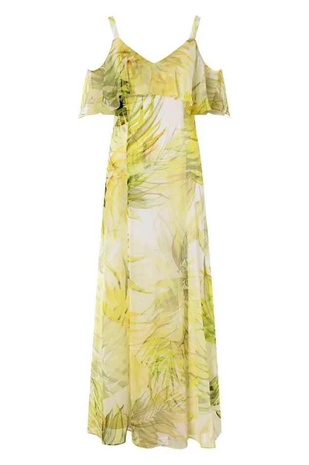 Women Yellow Leaf Print Cold Shoulder Chiffon Maxi Dress Roman Dresses