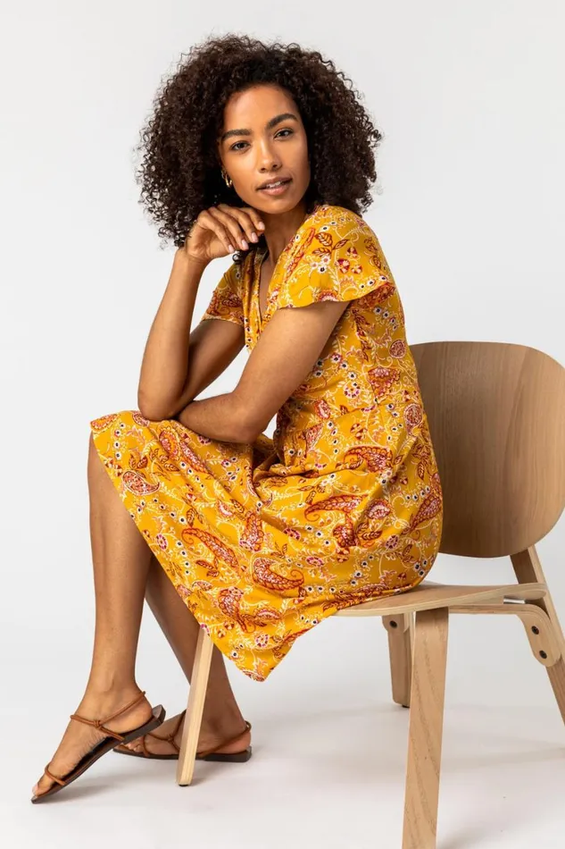 Women Yellow Paisley Print Twist Knot Dress Roman Dresses
