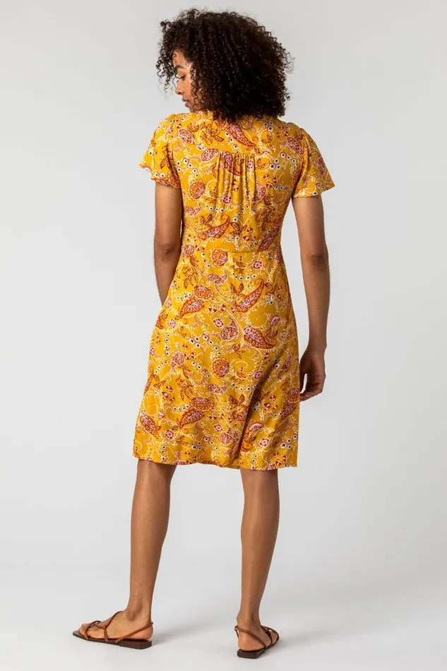 Women Yellow Paisley Print Twist Knot Dress Roman Dresses