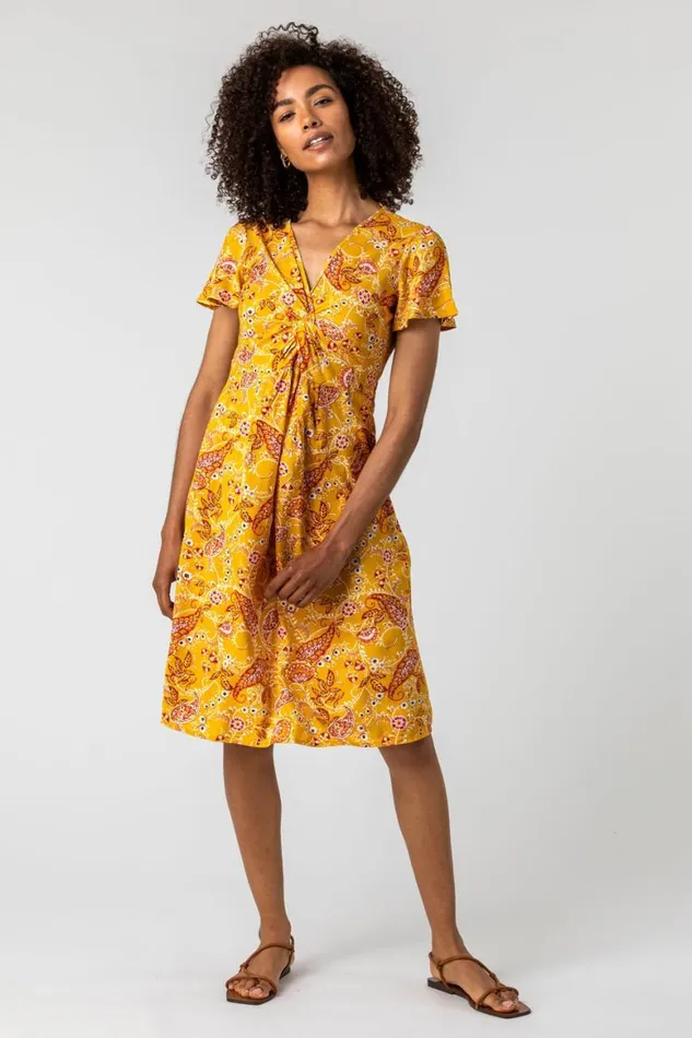 Women Yellow Paisley Print Twist Knot Dress Roman Dresses