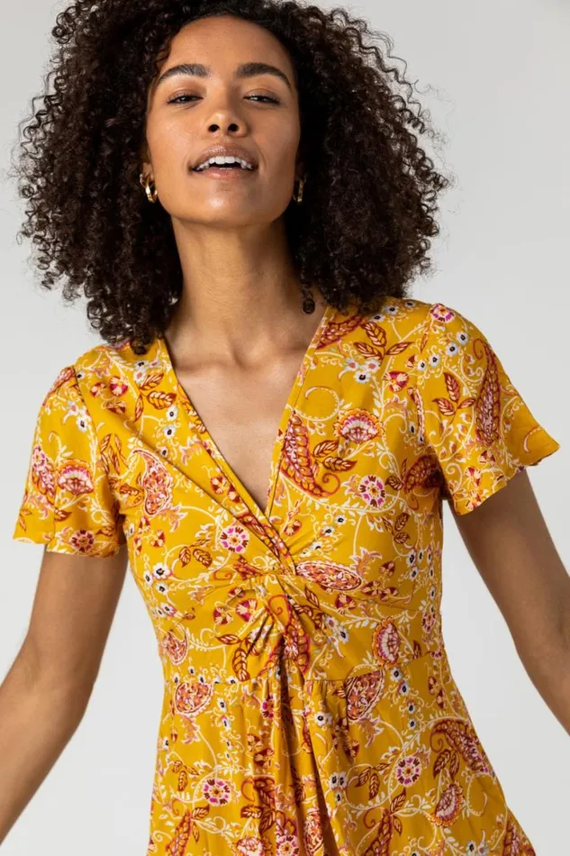 Women Yellow Paisley Print Twist Knot Dress Roman Dresses
