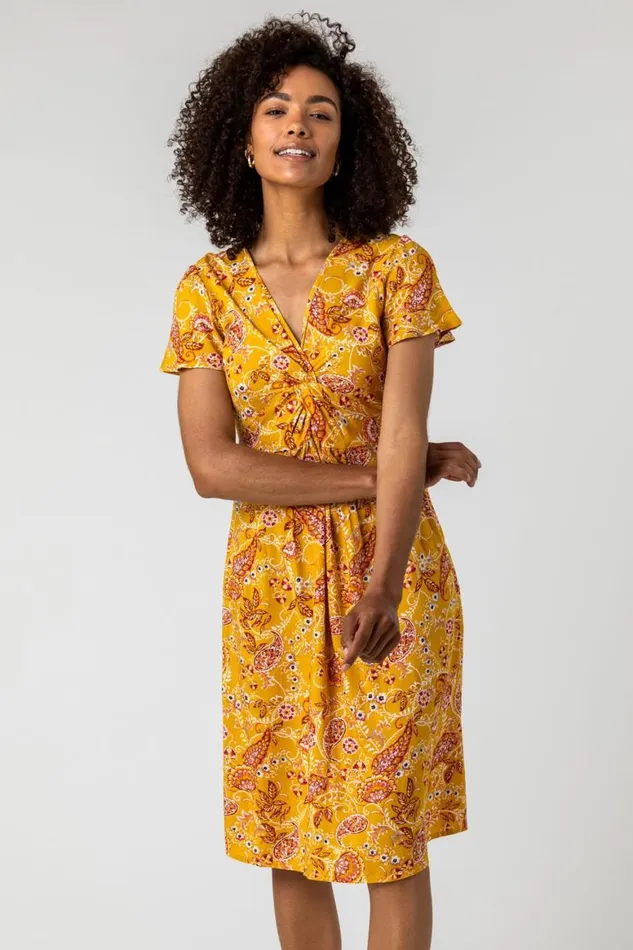 Women Yellow Paisley Print Twist Knot Dress Roman Dresses